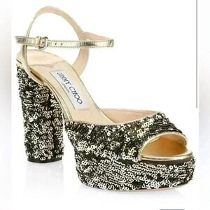 Jimmy Choo London Peachy Peep Toe Sparkle Heels Size 38 Silver Sequins Gold